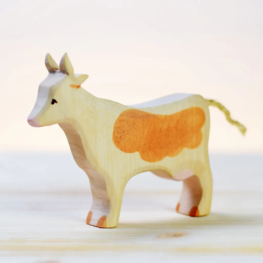 Bumbutoys Animali In Legno | Mucca bianca e marrone in legno