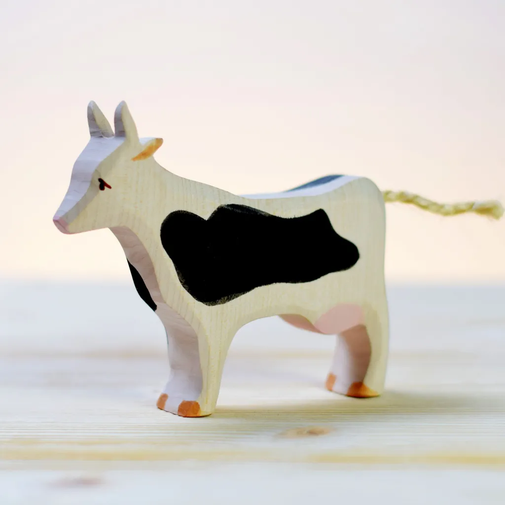 Bumbutoys Animali In Legno | Mucca bianca e nera in legno
