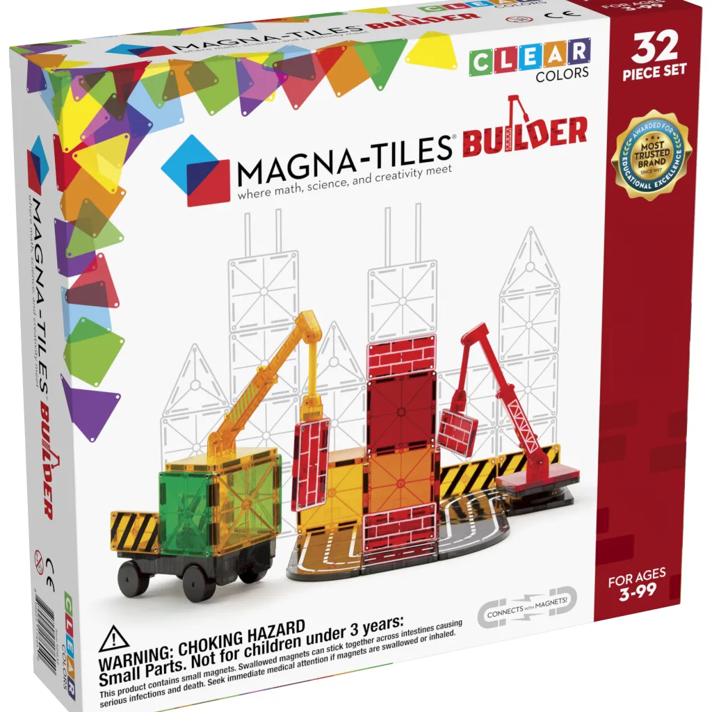 Magna-Tiles Costruzioni Magnetiche | Veicoli E Piste | Tessere Magnetiche Traslucide - Cantiere - 32 Pezzi -