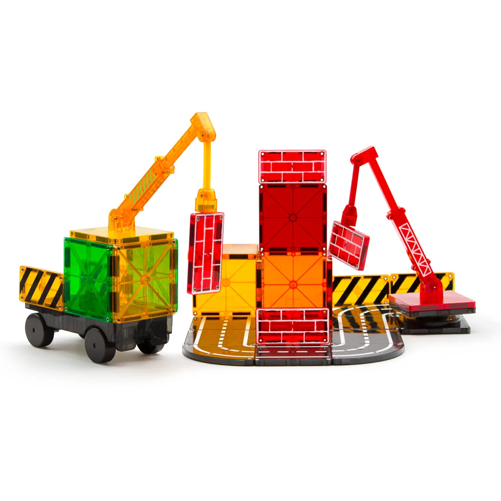 Magna-Tiles Costruzioni Magnetiche | Veicoli E Piste | Tessere Magnetiche Traslucide - Cantiere - 32 Pezzi -