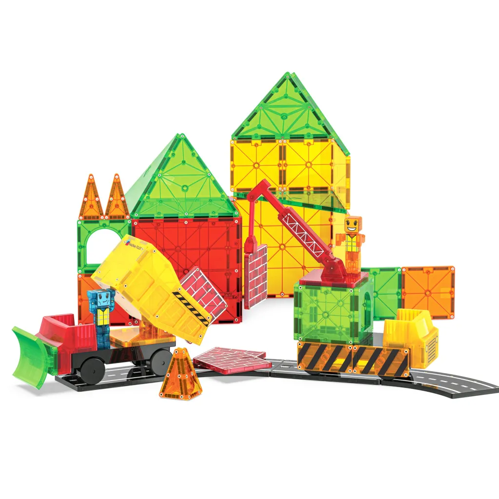 Magna-Tiles Costruzioni Magnetiche | Veicoli E Piste | Tessere Magnetiche Traslucide - Cantiere XL - 50 Pezzi -