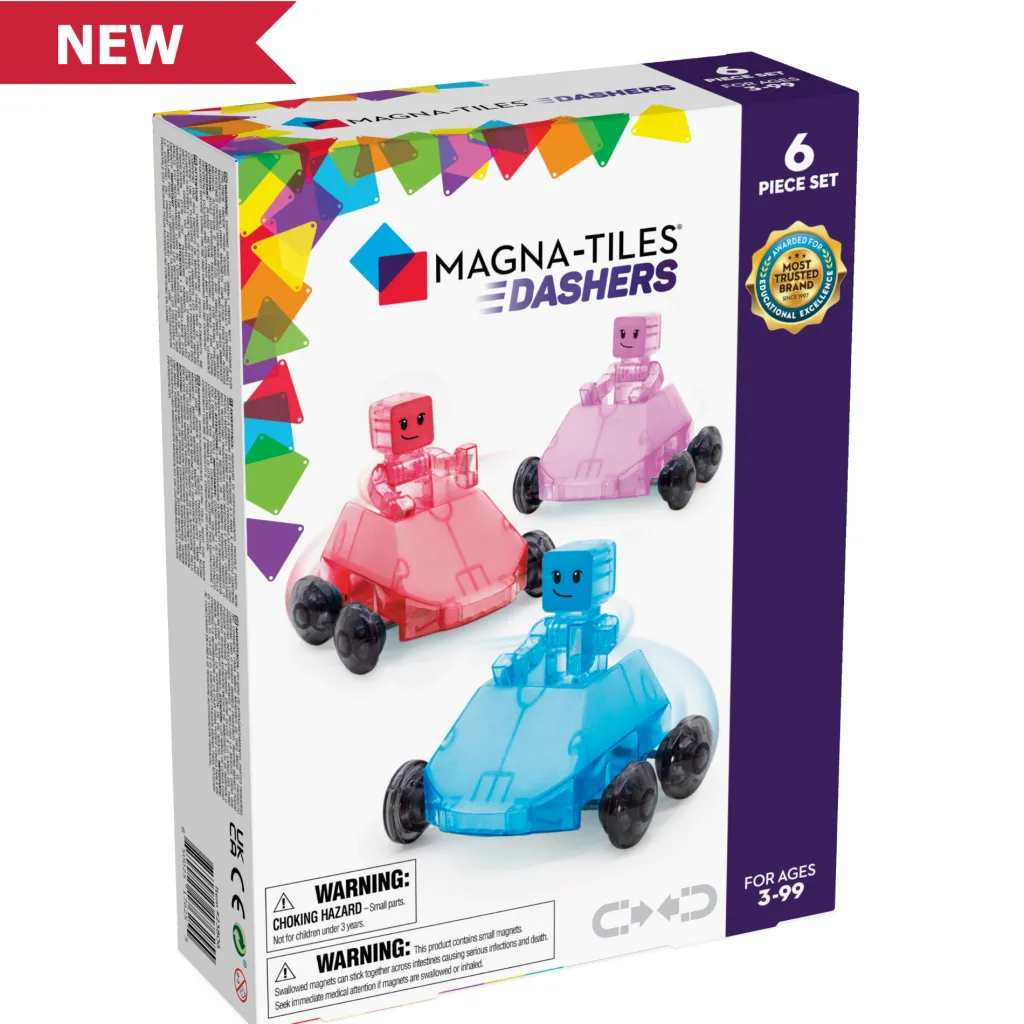 Magna-Tiles Costruzioni Magnetiche | Veicoli E Piste | Tessere Magnetiche Traslucide - Macchinine magnetiche Dashers - 6 pezzi -