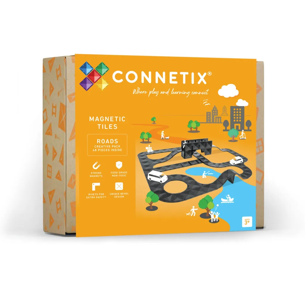 Connetix Costruzioni Magnetiche | Veicoli E Piste | Tessere Magnetiche Traslucide - Roads Creative Pack - 48 pz -