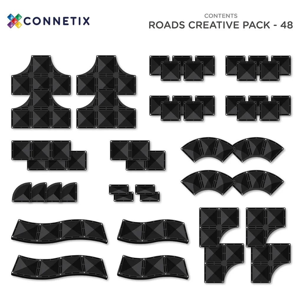 Connetix Costruzioni Magnetiche | Veicoli E Piste | Tessere Magnetiche Traslucide - Roads Creative Pack - 48 pz -