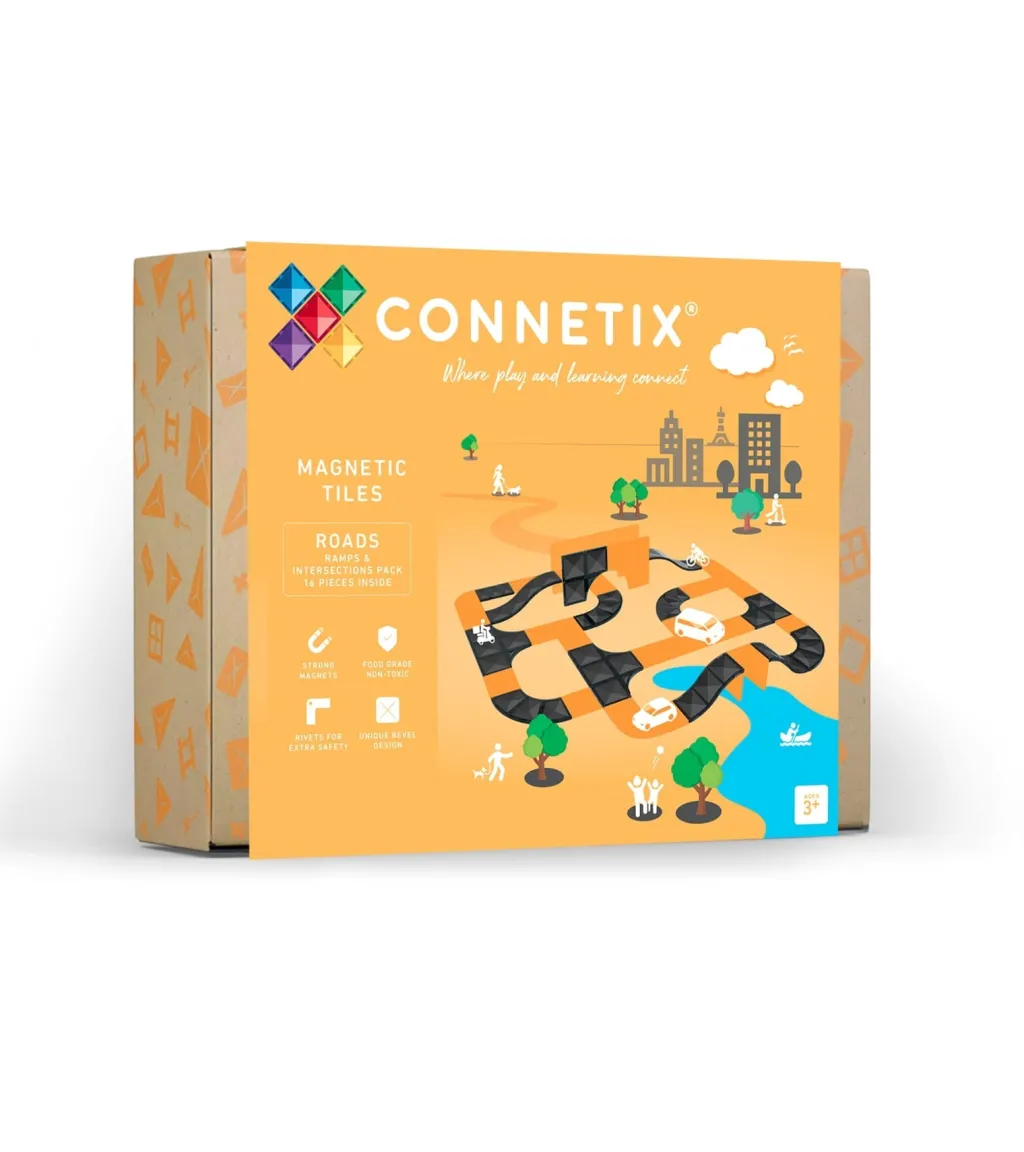 Connetix Costruzioni Magnetiche | Veicoli E Piste | Tessere Magnetiche Traslucide - Roads Ramps & Intersections Pack - 16 pz -