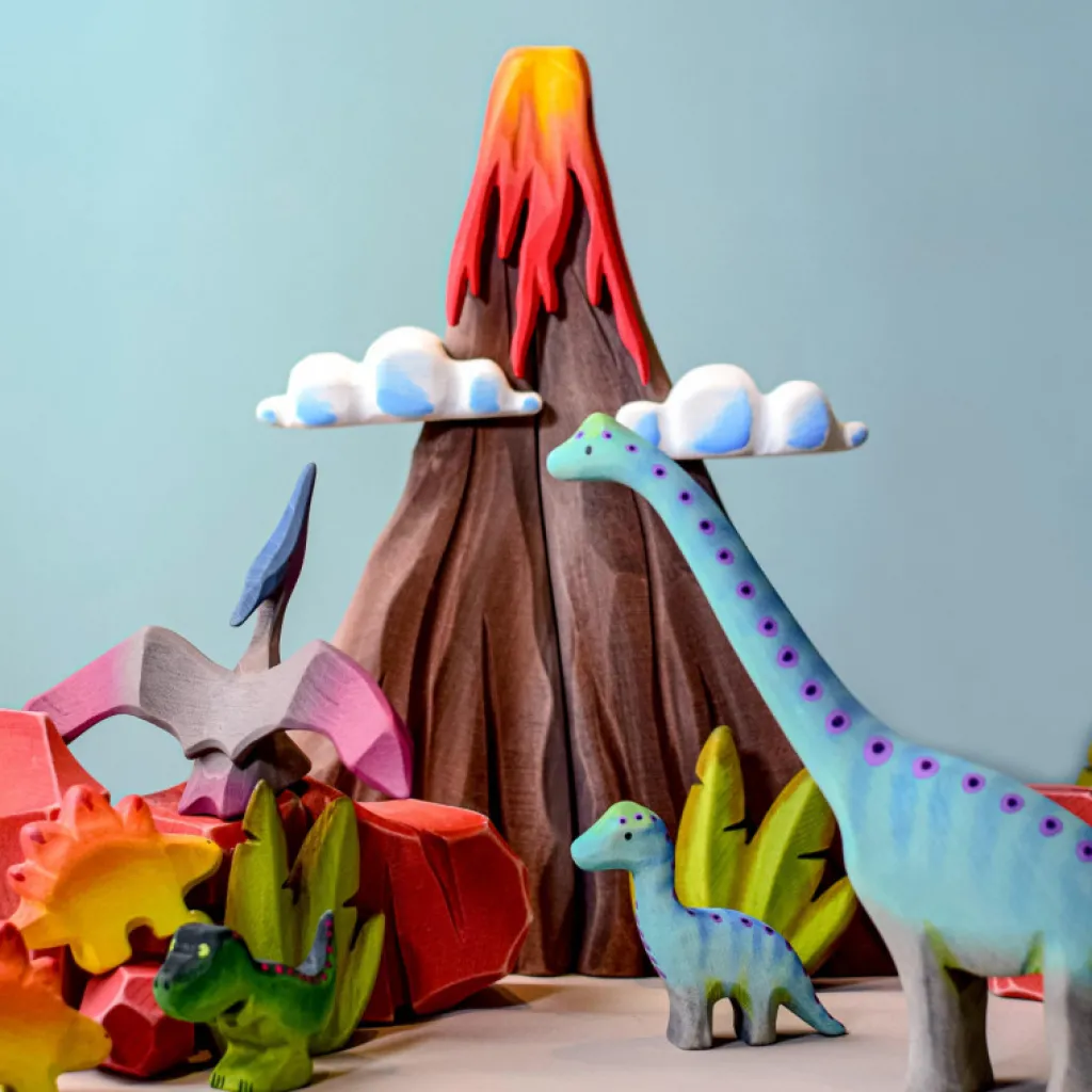Bumbutoys Dinosauri | Case Giocattolo E Ambientazioni | Vulcano con lava e nuvole in legno