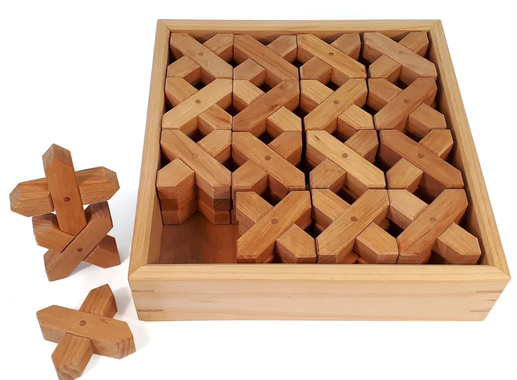 Bauspiel Costruzioni In Legno | Loose Parts | X-Bricks con Scatola in Legno- 48 Pezzi -